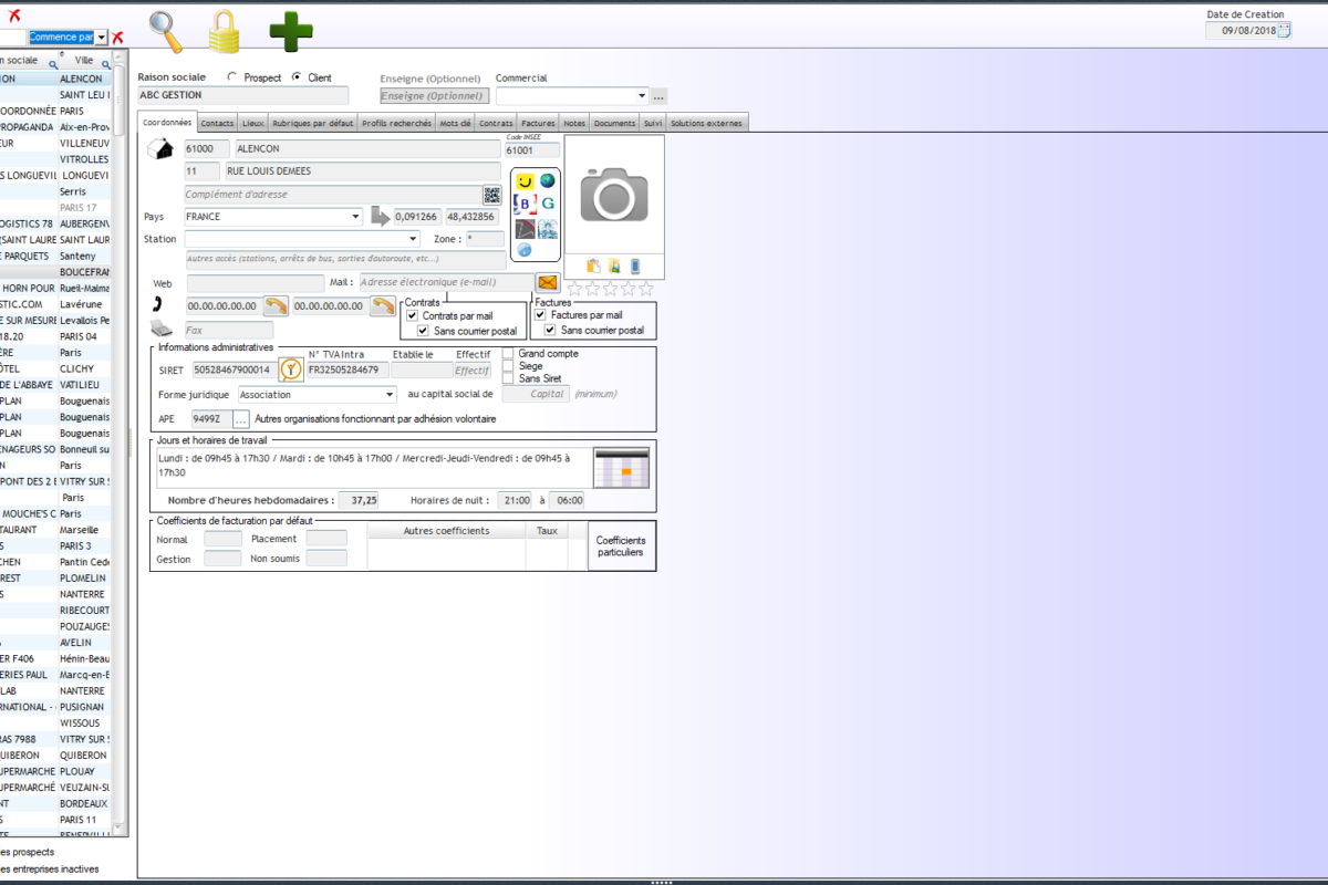 onglet gestion des clients logiciel intérim